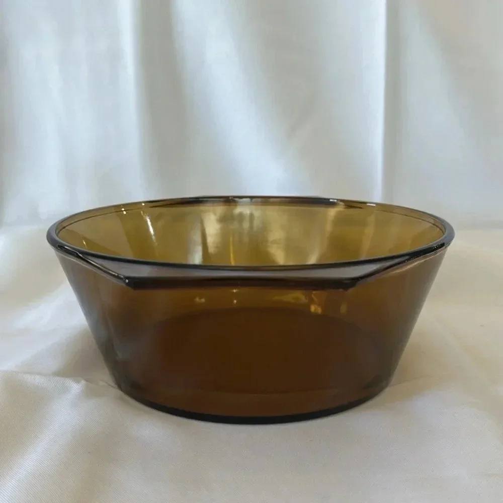 VTG 1970s Arcopal France Smokey Yellow Glass Round Bakeware Serving Dish Handles